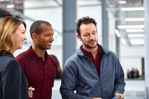 Car dealership employees looking at performance metrics and dealership analytics